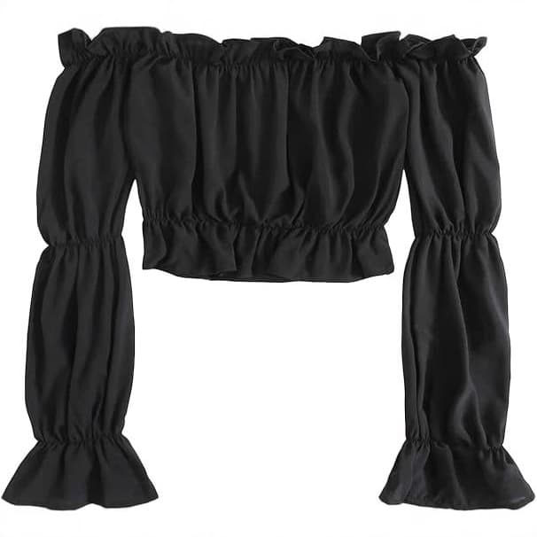 2025 Renaissance Medieval Women's Off Shoulder Pleated Trim Puff Long Sleeve Bandeau Navel Cropped Shirt Top