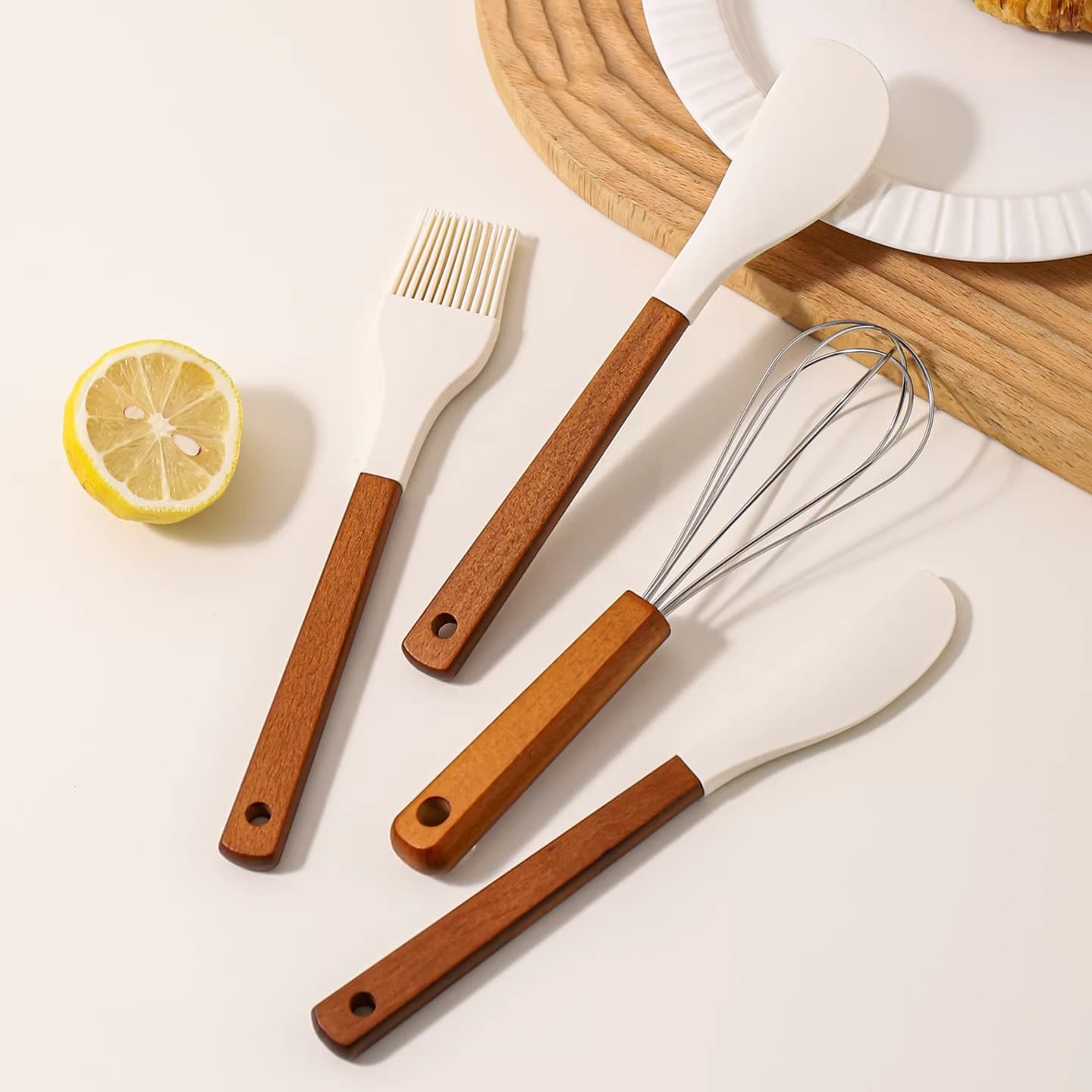 In-Stock Mini Wooden Handle Scraper Baking Tool Set of Four, Egg Beater, Brush, DIY Home Baking Kit