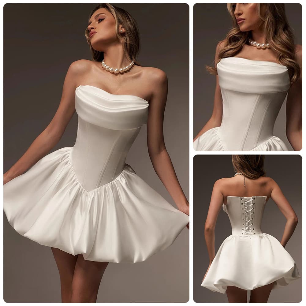 Pure white matte satin strapless fishbone corset short dress with folded one-line strapless neckline for women