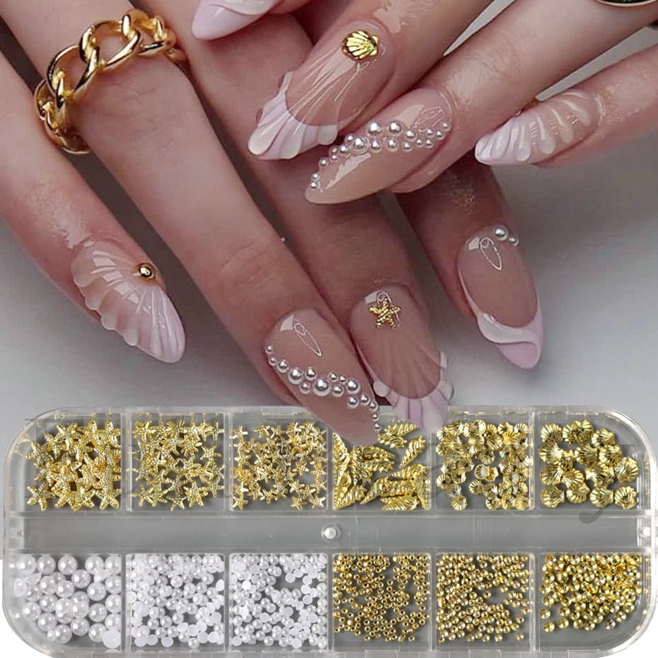 Cross-border new nail art jewelry 12-lattice ocean style metal starfish shell conch pearl rivet nail jewelry