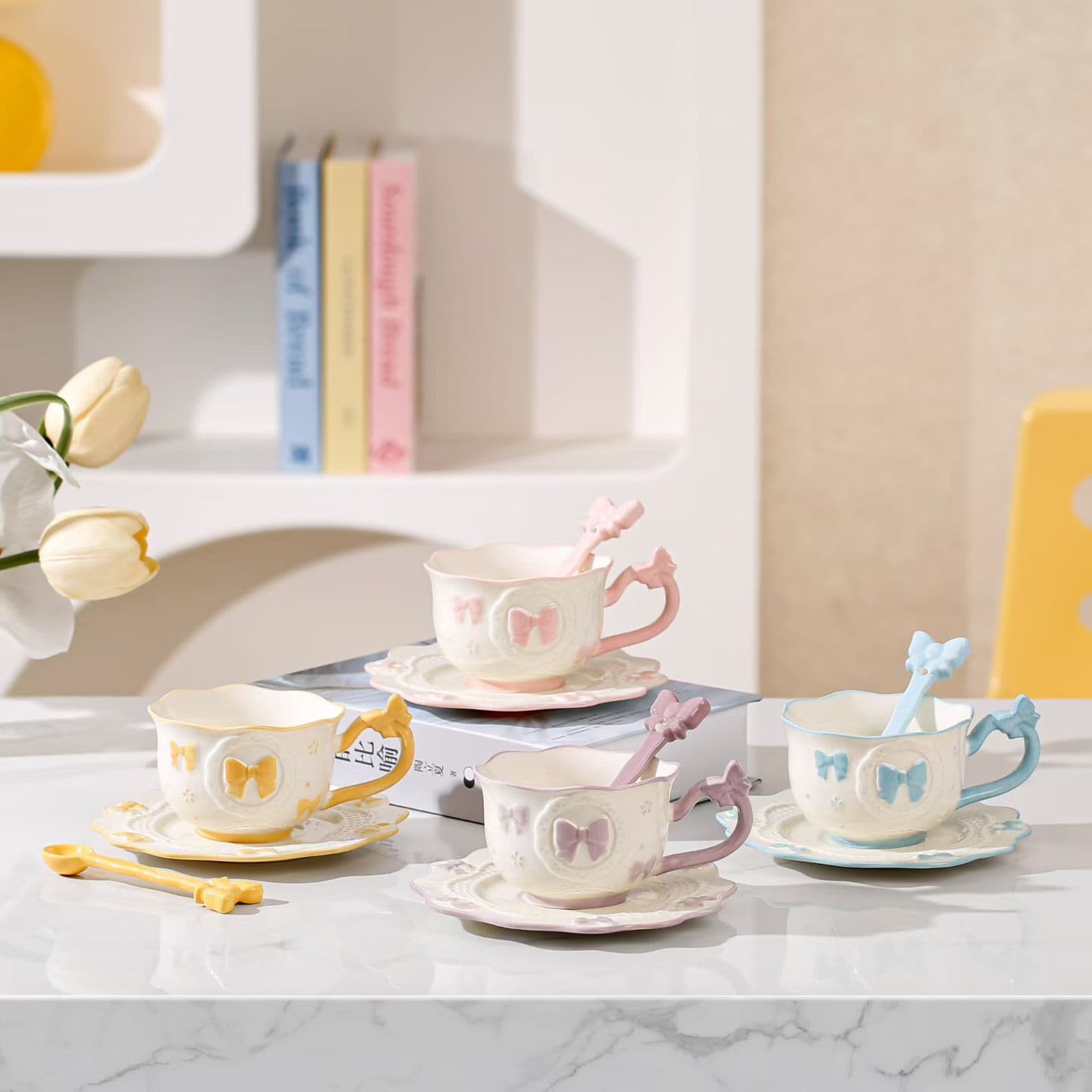 High-Quality Nordic Style Bowknot Ceramic Mug and Saucer Set, Women's Office Coffee Cup, Gift Cup