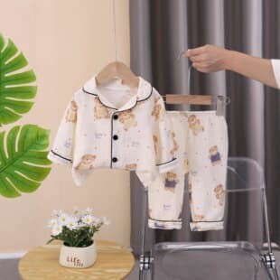 Spring/Autumn Kids Homewear Set Korean Stylish Long Sleeve Homewear Two-Piece Set Cotton Gauze Bear Children's Pajamas