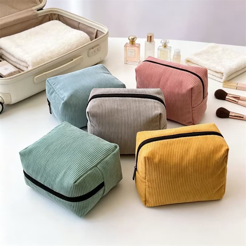 Solid color corduroy compartment cosmetic bag large capacity partitioned skin care toiletry storage bag women's portable travel beauty bag