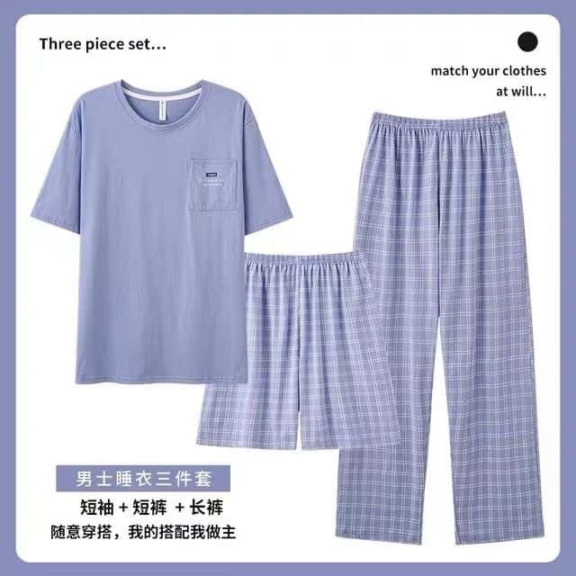 Men's Summer Pajama Set: Simple Casual Short Sleeve and Long Pants Three-Piece Set, Loose Fit, Big Size, Youth Round Neck Homewear