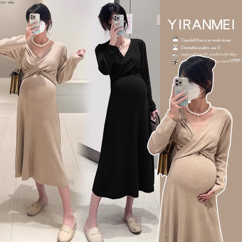 Maternity Dress 2025 Fall/Winter New Korean Style Fashionable Slimming Thick Core-Spun Yarn High-End Maternity Dress