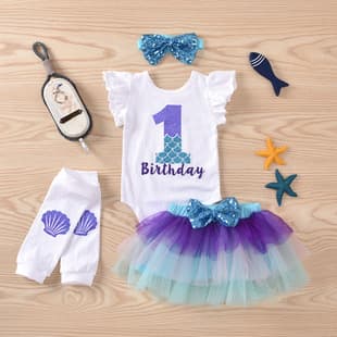 European American Summer Baby Toddler Girl Short Sleeve One Year Old Birthday Mermaid Tulle Skirt Set Custom Link