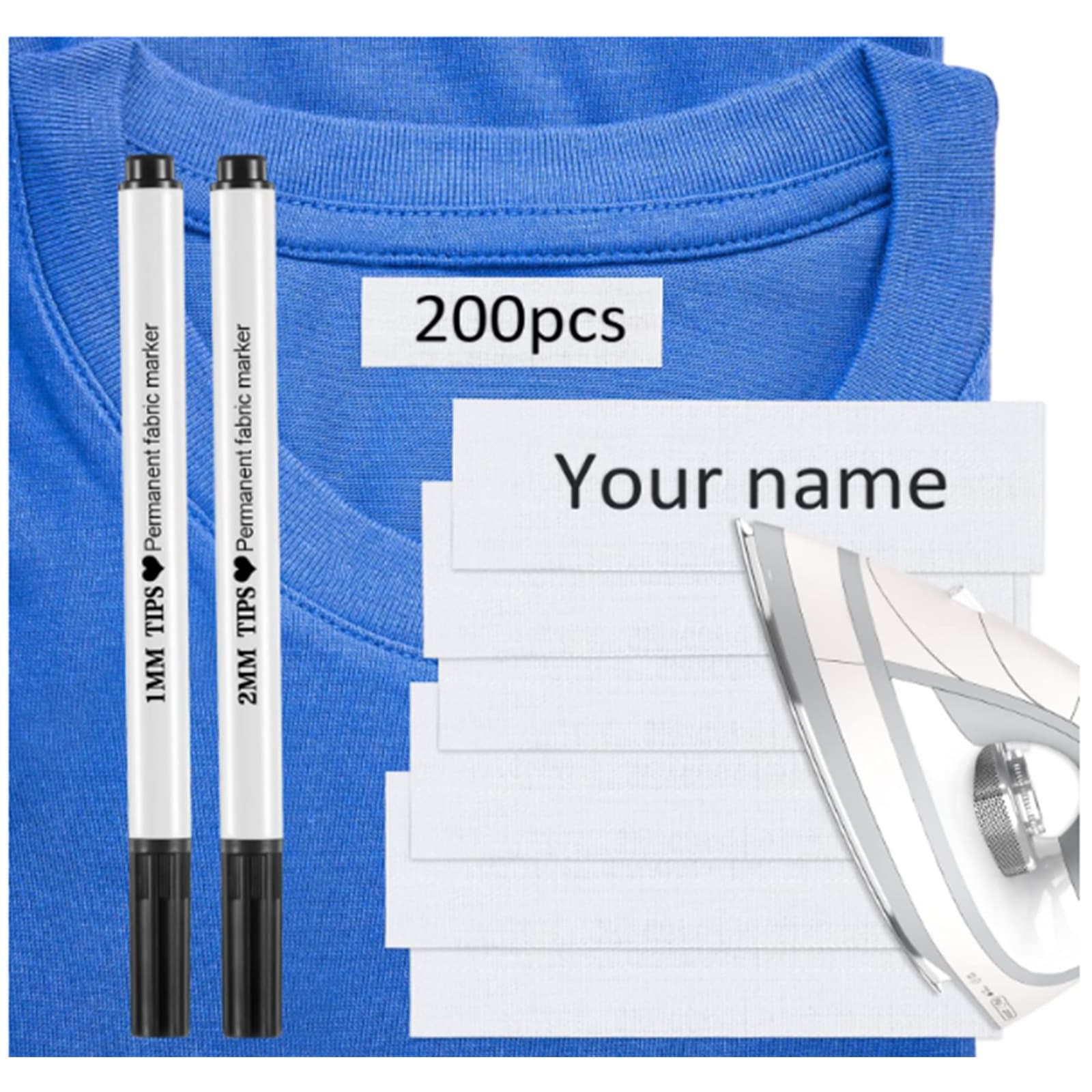 Writeable ironable clothing labels, pre-cut fabric personalized name tags, suitable for nursing homes, camps, and daycare centers.