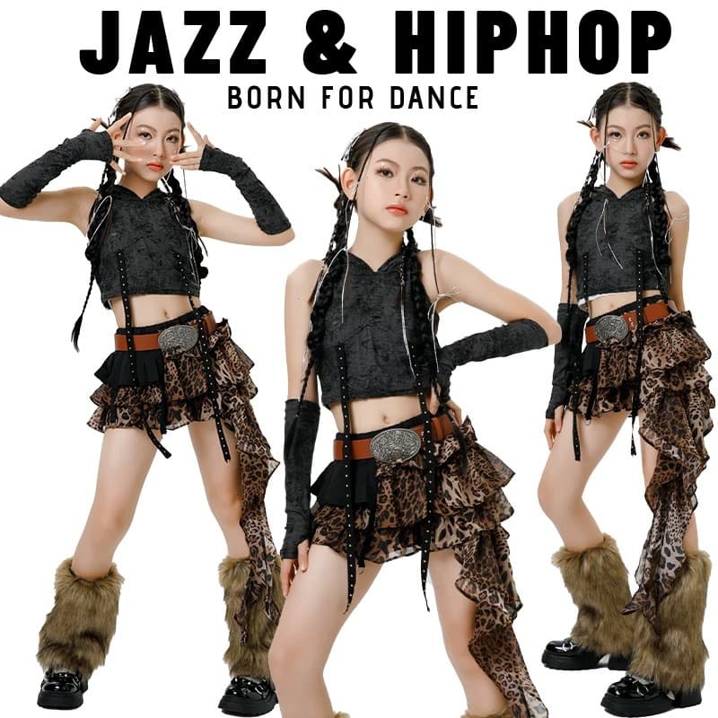 Girls Jazz Dance Wasteland Leopard Print Jazz Performance Outfit Children's Stage Show Street Dance Set