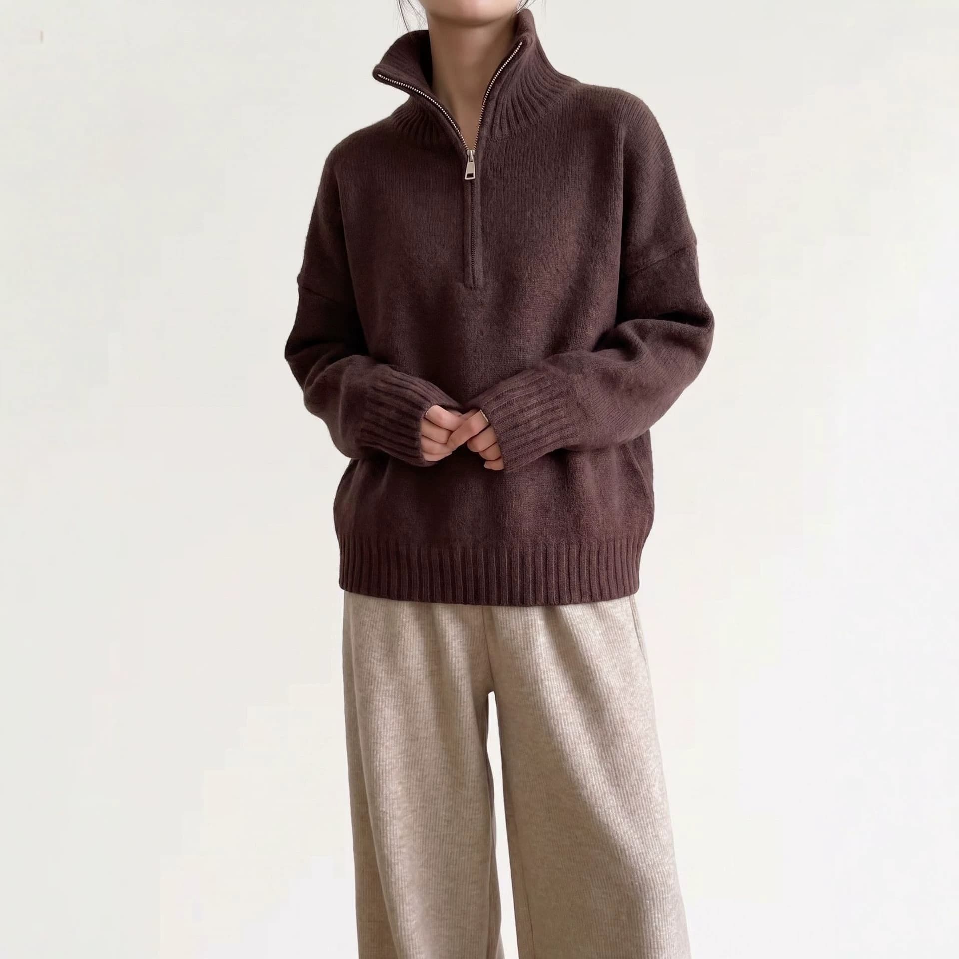 Cardigan Sweater Autumn/Winter European-American Style Cross-Border Half-Zip Turn-Down Collar Sweater for Women