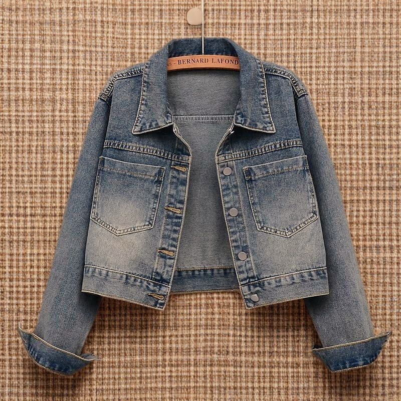 Designed Short Vintage Blue Denim Jacket for Women 2024 New Spring Autumn Korean Loose Fit Long Sleeve Top