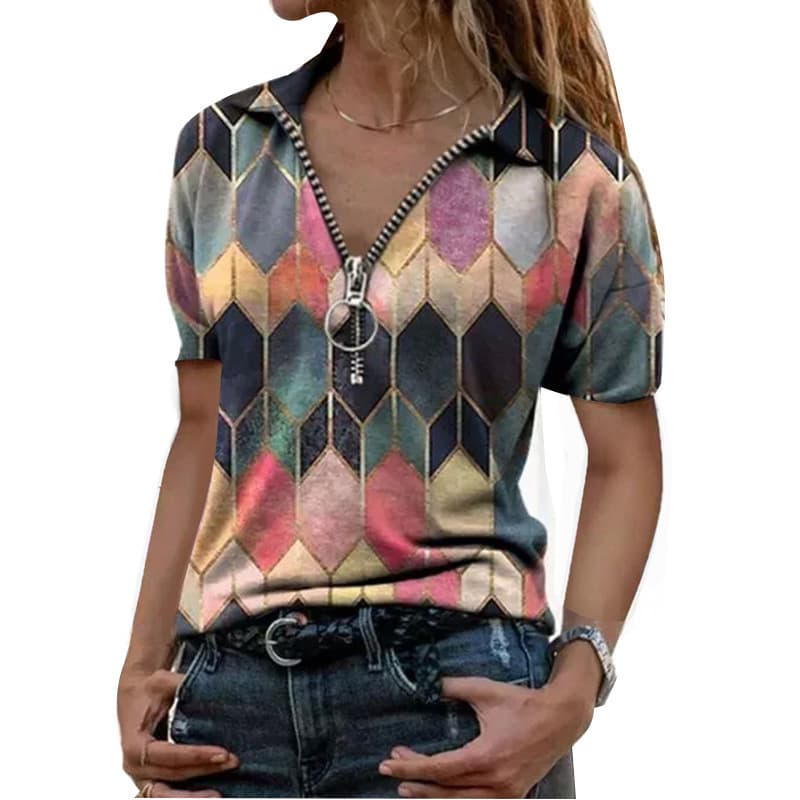 Cross-Border Plus Size Women's Clothing 2024 New Women's T-Shirt Summer Short Sleeve Zip V-Neck Contrast Color Print Base Layer Top