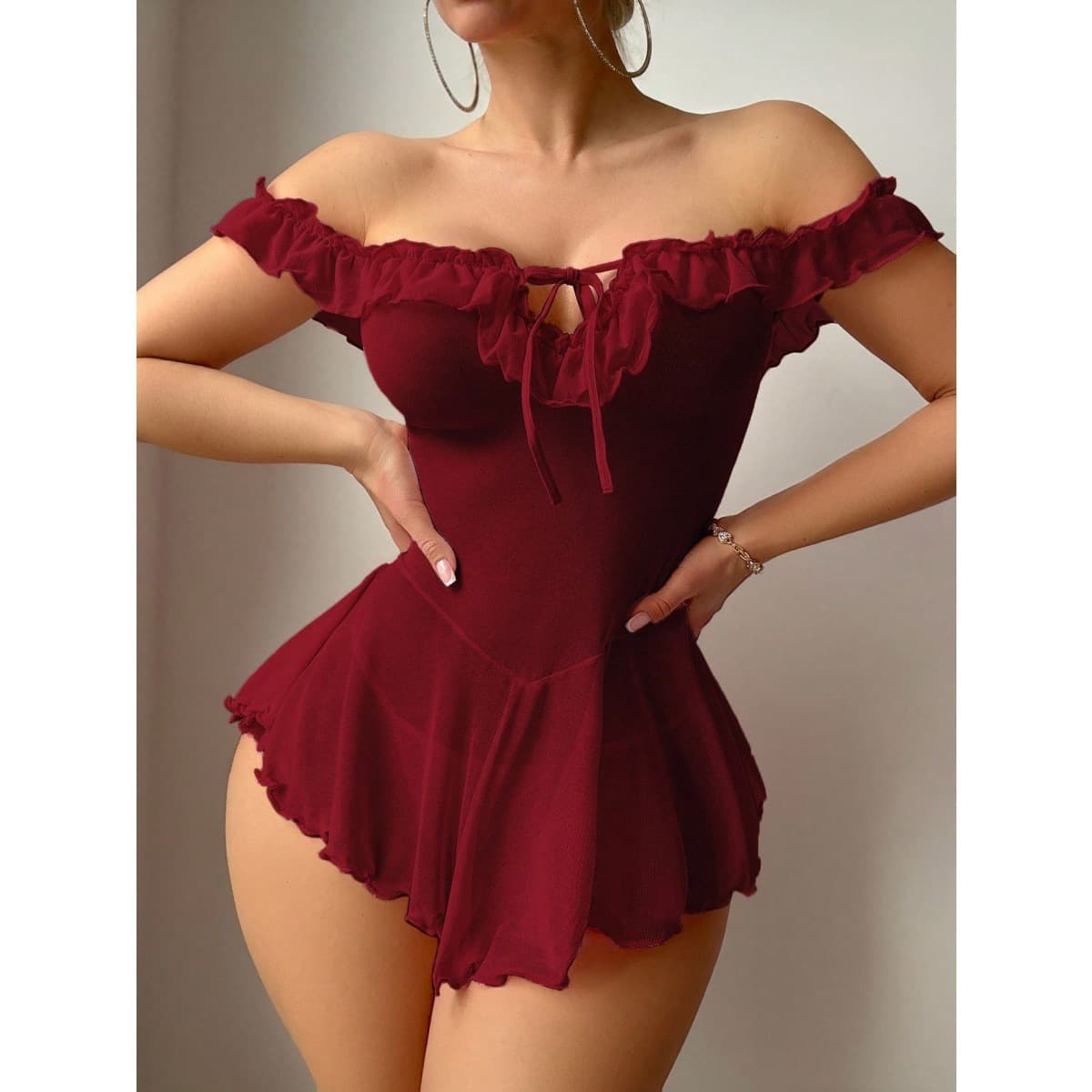 Plus Size Mesh Nightgown and Panty Loungewear Set with Off-Shoulder Ruffle Hem Design, Cross-Border Supply Direct from Factory.