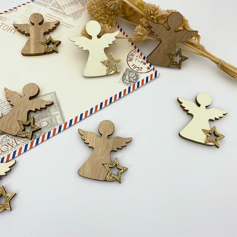 Cross-border Christmas glitter angel decoration wood chips solid wood angel white angel star adhesive small loose pieces DIY