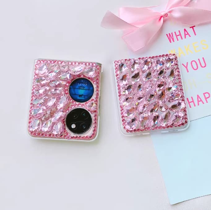 Luxury Full Diamond Case for Huawei Pocket2/S, P50 Pocket, Pink Diamond Anti-Drop Foldable Protective Cover