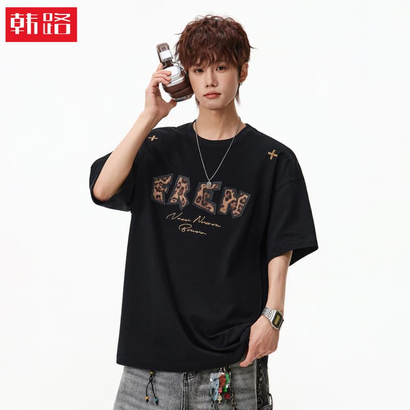 Leopard Print Short Sleeve T-Shirt Men's Summer New High Street Retro Cotton Half Sleeve Textured Loose Streetwear Tee
