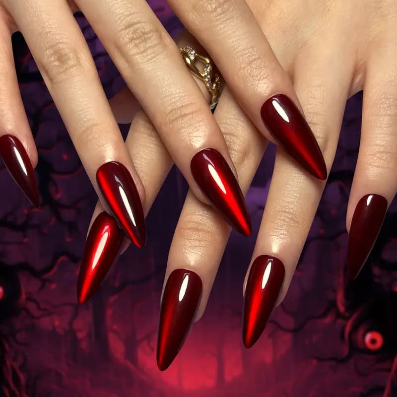 Cross-border Wearable Nails Red Shiny Cat Eye Nails Halloween Bestseller Slimming Almond False Nails Wholesale