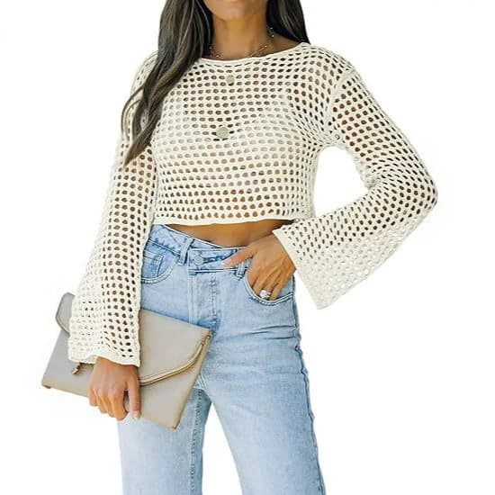 In Stock EU/US Cross-Border Short Sleeve Spring/Summer Amazon New Knitwear Long Sleeve Loose Round Neck Hollow Sweater