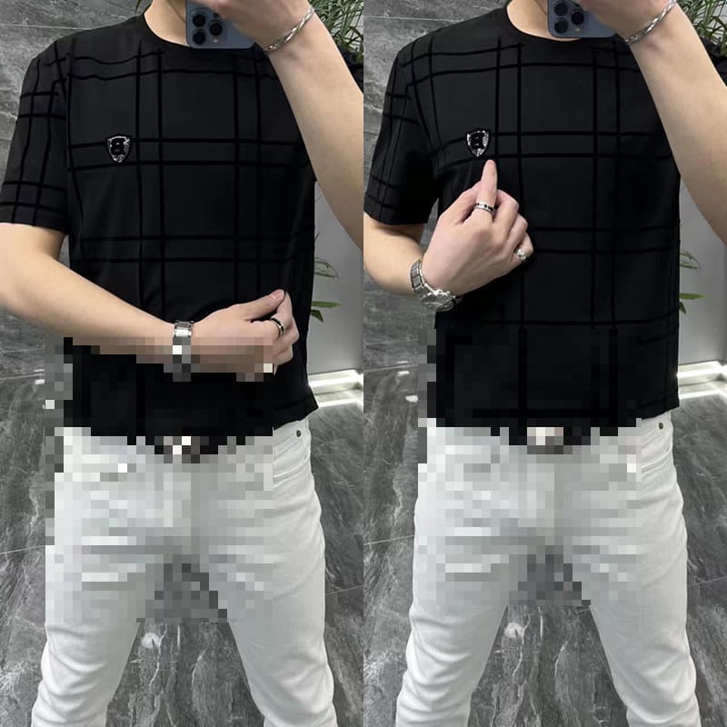 Light luxury premium men's summer round neck short-sleeve T-shirt, fashionable flocking print, personalized diamond embellishment, handsome casual half-sleeve.