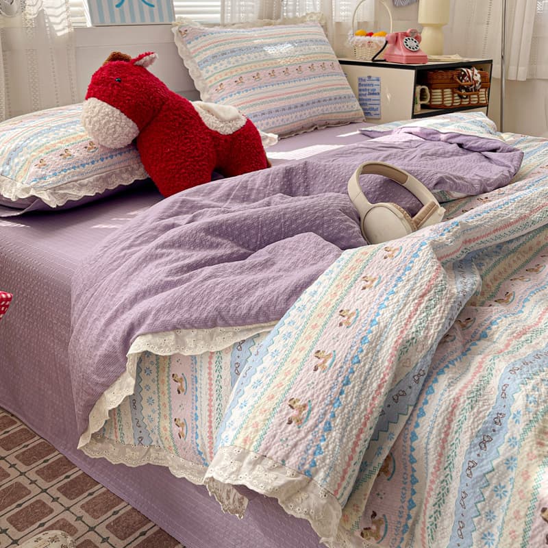 New Pure Cotton Puff Gauze Summer Quilt with Butterfly Knot, Lace Cotton Summer Bedding Set for Students