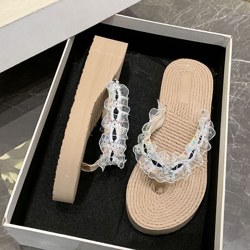 Seaside vacation flip-flops beach shoes ethnic fashion non-slip high-heeled slippers 2025 summer and autumn new thick-soled outer wear