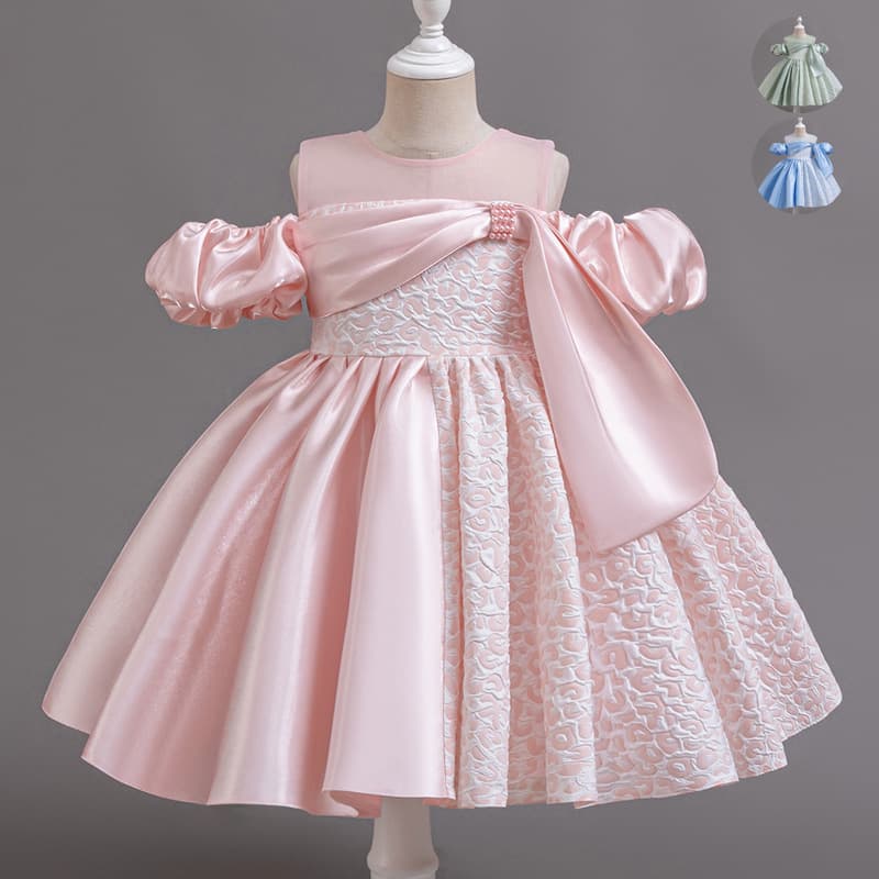 Children's Princess Dress with Large Bow, Off-Shoulder First Birthday Evening Gown, Flower Girl Birthday Party Dress