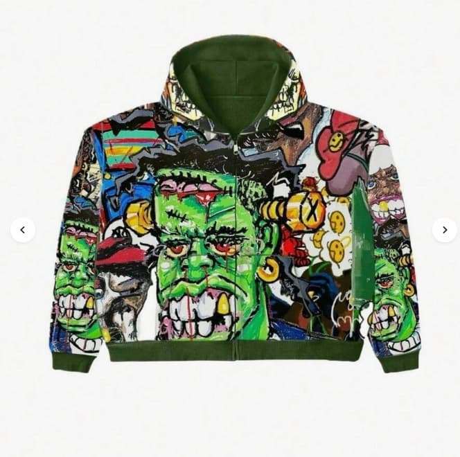Y2K Millennium Style Monster Graffiti Hooded Jacket Oil Painting Frankenstein Allover Print Loose Zip-Up Sweatshirt