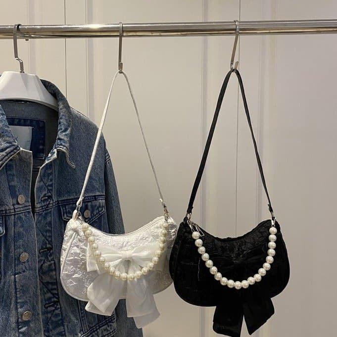 Cross-border Pearl Chain Elegant Xiaoxiang Style Women's Bag Underarm Bag Fashionable Bubble Yarn Pleated Bow Shoulder Bag