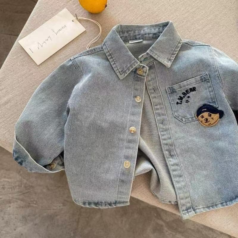 Children's shirts 2026 spring and autumn new style boys and girls cartoon bear denim shirts baby fashionable jackets