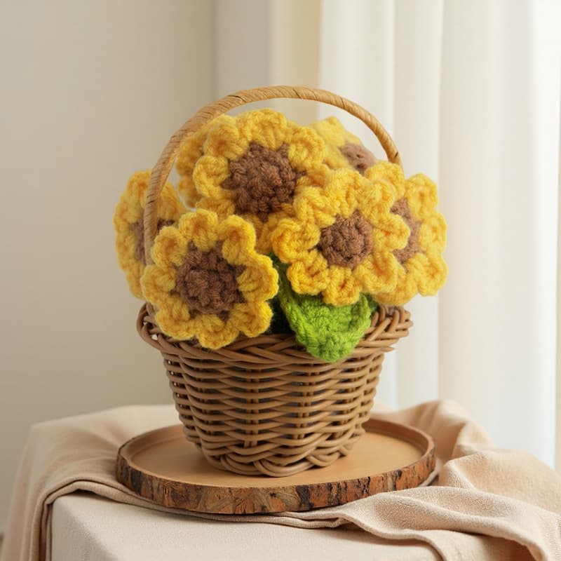 New Small Blue Flower Potted Plant Handmade Wool Crochet Puff Flower Potted Plant Desktop Decoration Ornament Knitted Succulent