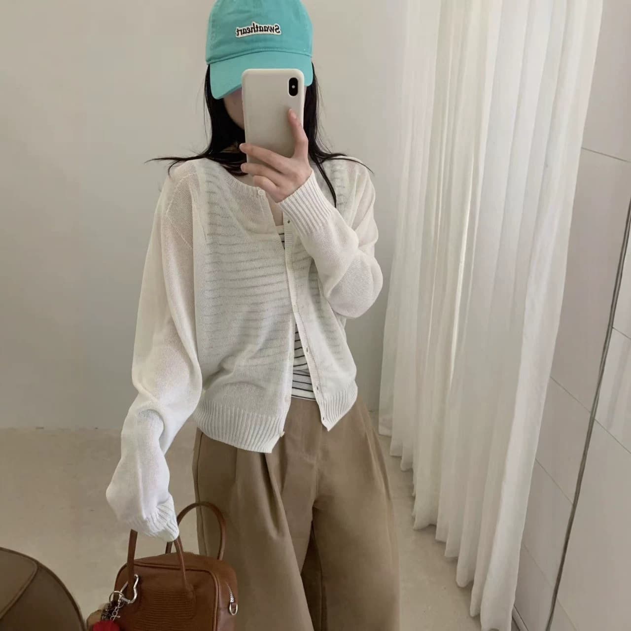 Korean-Style Simple Linen Ice Silk Knitted Cardigan for Women, Summer Sun Protection Clothing, Thin Round-Neck Slightly See-Through Loose Short Top