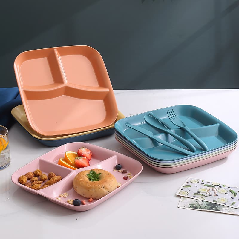 Wheat Straw Divided Plate Square Breakfast Plate Vegetable Tray Three-Compartment Portion Control Weight Loss Snack Plate