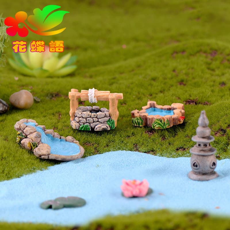 Miniature Retro Resin Scene Ornament - West Lake Lighthouse, Well and Pond, Bridge, Stream, and Grassland