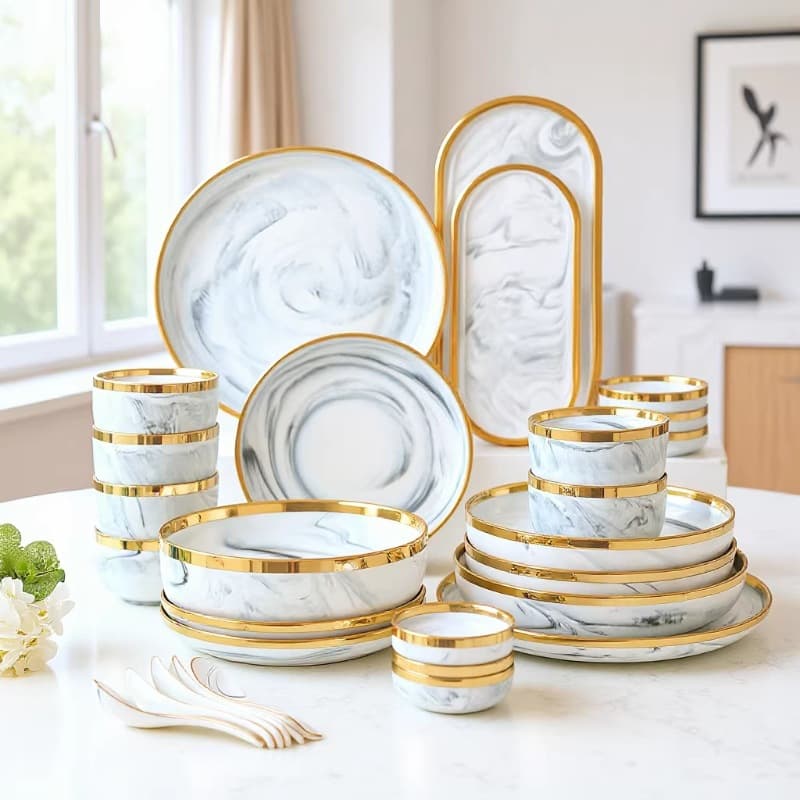 Nordic Style Marble Ceramic Bowl Plate Set Luxury Adult Dinnerware Set round Shape Dishwasher Safe for Home Use