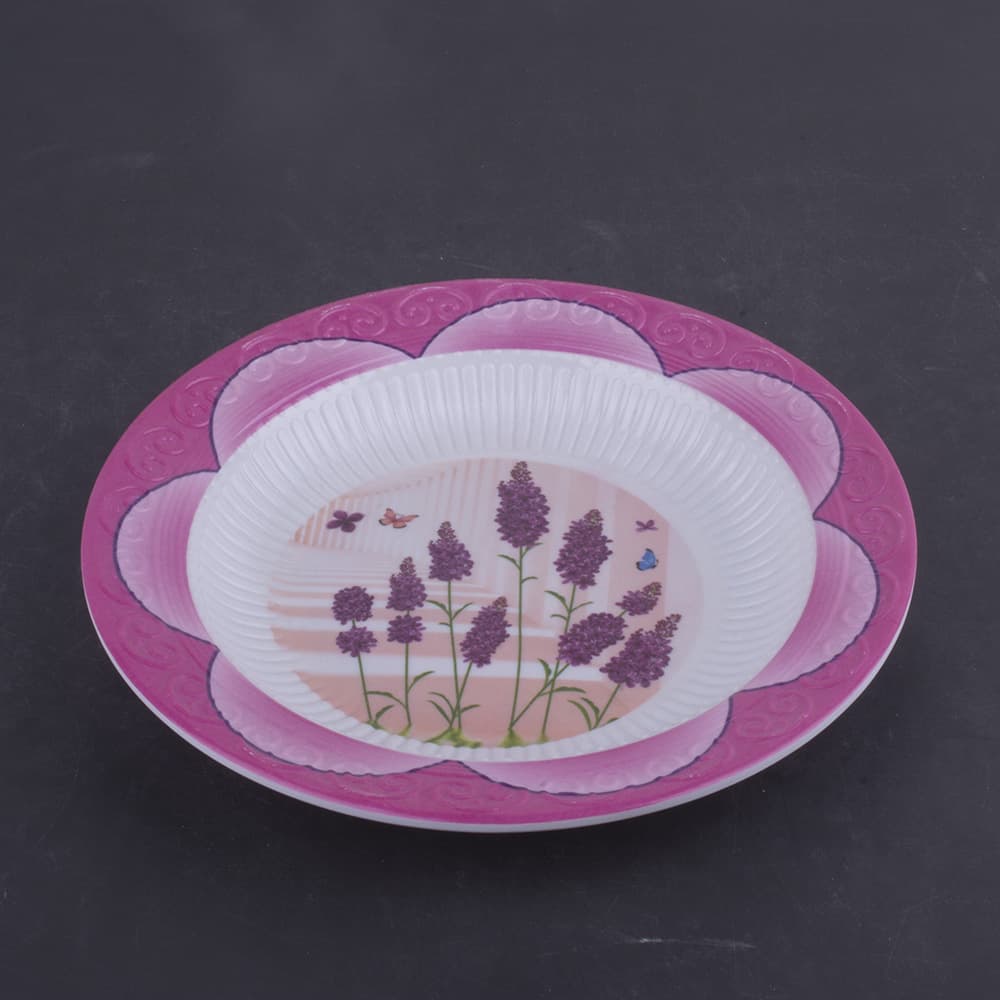 Melamine Round Plate 8 Inch White Printed Decorative Floral Rim Plate Dinner Plate Deep Plate Fruit Plate