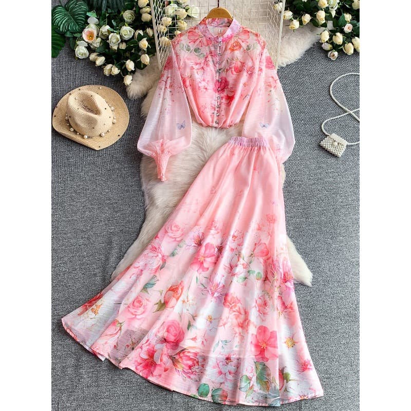 French Romantic Violet Print Long Sleeve Stand Collar Sparkle Button Blouse with Luxury Elegant High-Waist Long Skirt Two-Piece Set