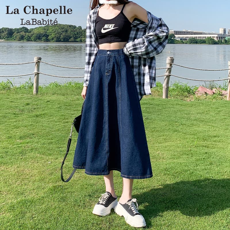 Retro denim skirt skirt for women summer trendy versatile new high-waisted pleated A-line mid-length umbrella skirt