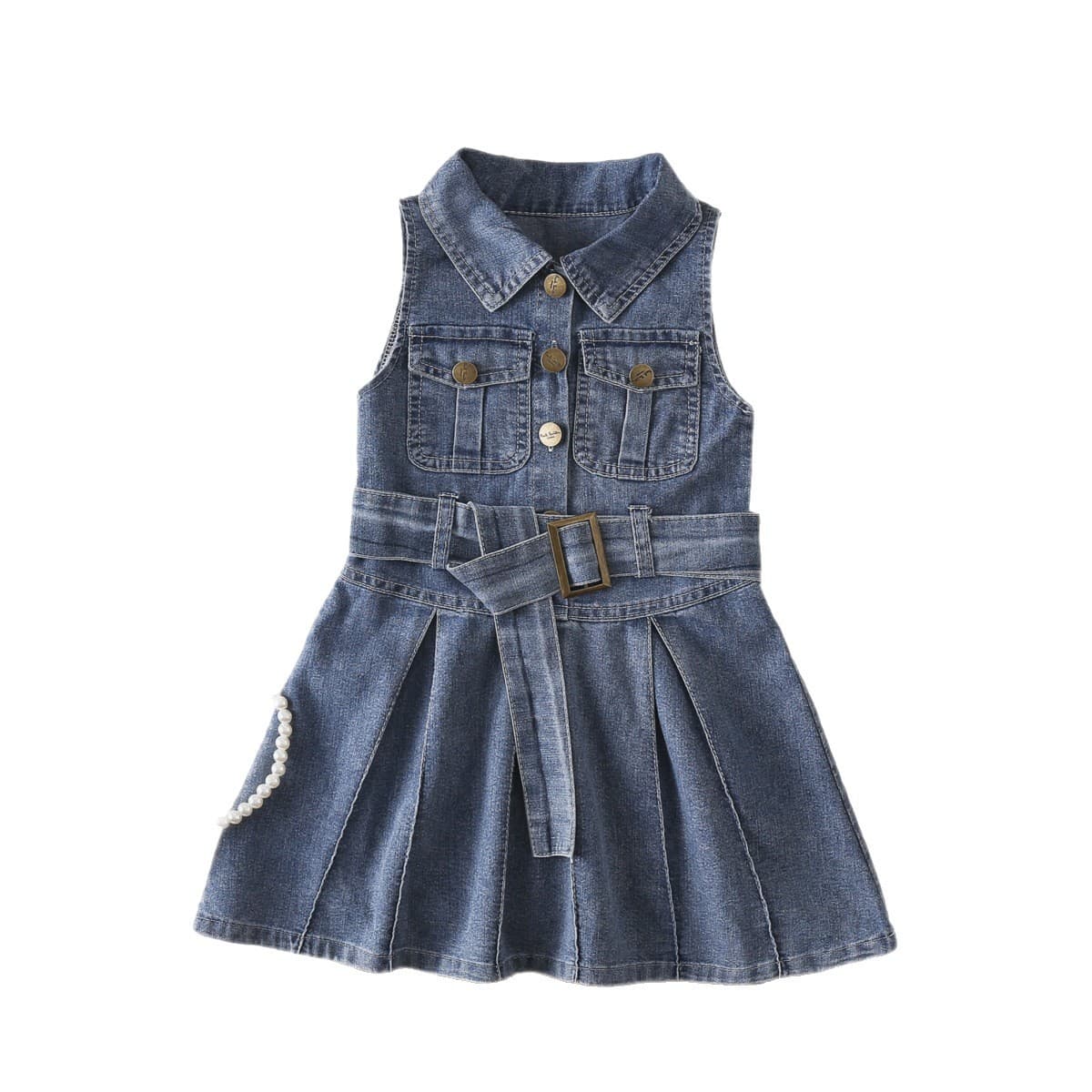 6602 Girls' Sleeveless Denim Dress Summer New Korean Style Children's Turn-Down Collar Waist-Cinching Vest Dress with Belt