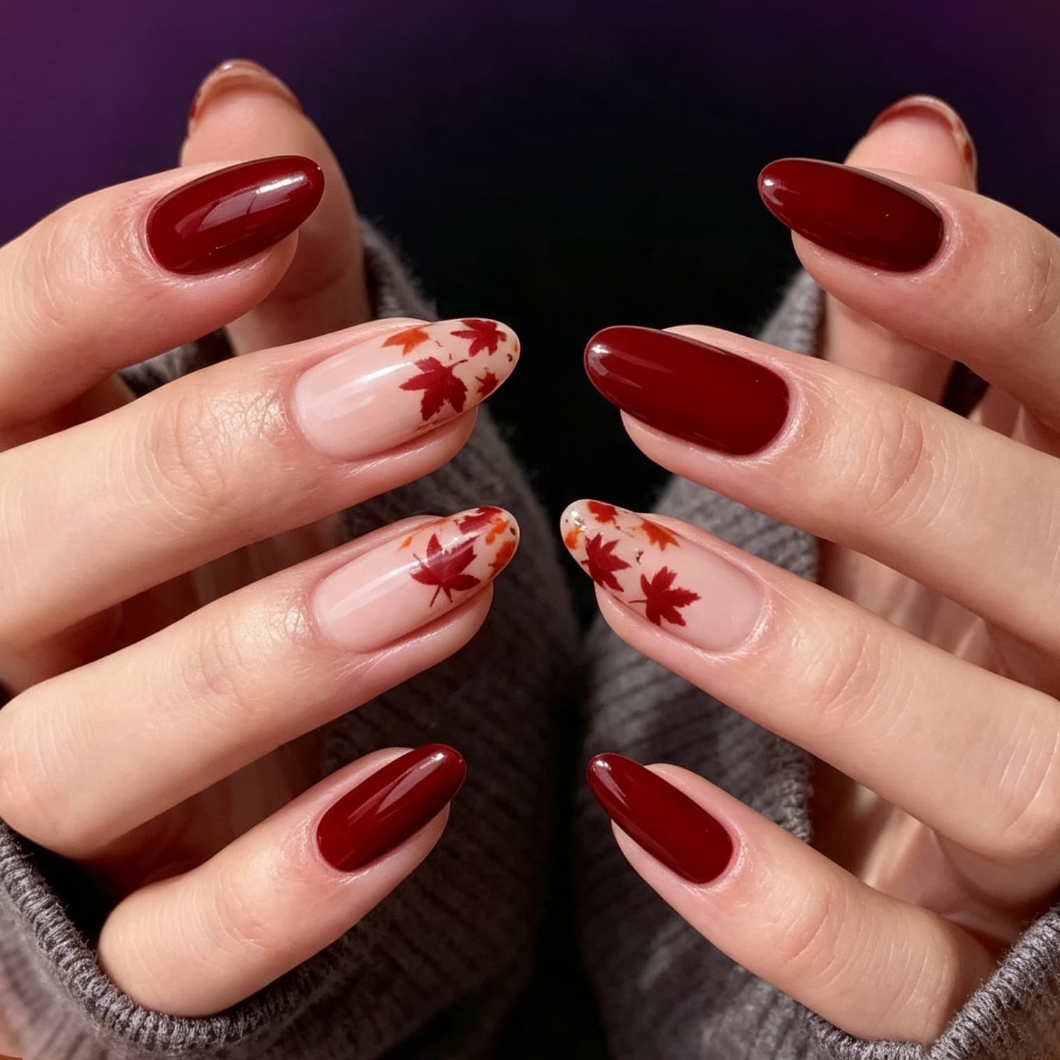 Foreign trade best-selling 24-piece manicure autumn retro maple leaf red orange atmospheric long almond-shaped wearable nails wholesale