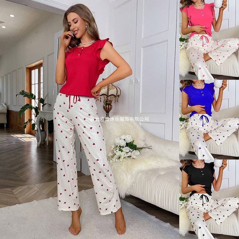 Women's Cross-Border Loungewear Summer Heart Print Pants Ruffle Hem Casual Ribbed Knit Wear-Out Sleepwear