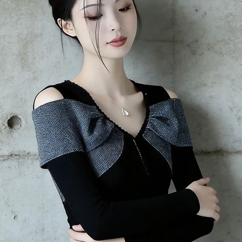 Early Spring New Fashionable Design Spliced Black Off-Shoulder Bow Tie Versatile Top Youthful Slimming Flattering