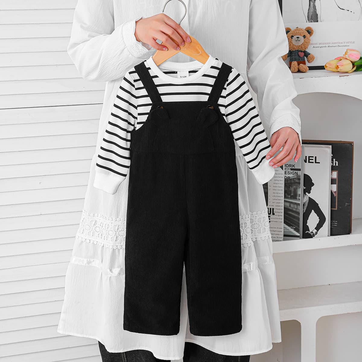 Baby Girls Striped Long-Sleeve Top with Corduroy Overalls Set, Factory Direct Wholesale