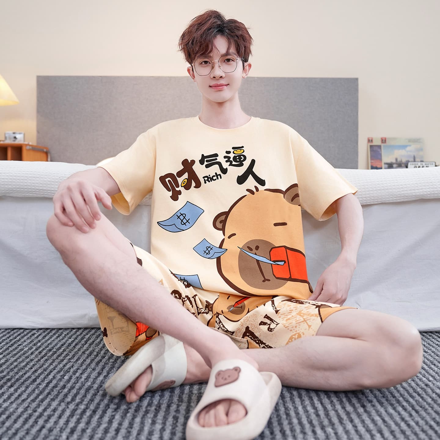 Summer Pajamas for Men Cotton Short Sleeve Shorts Cartoon Thin Plus Size Men's Summer Full Cotton Homewear Set