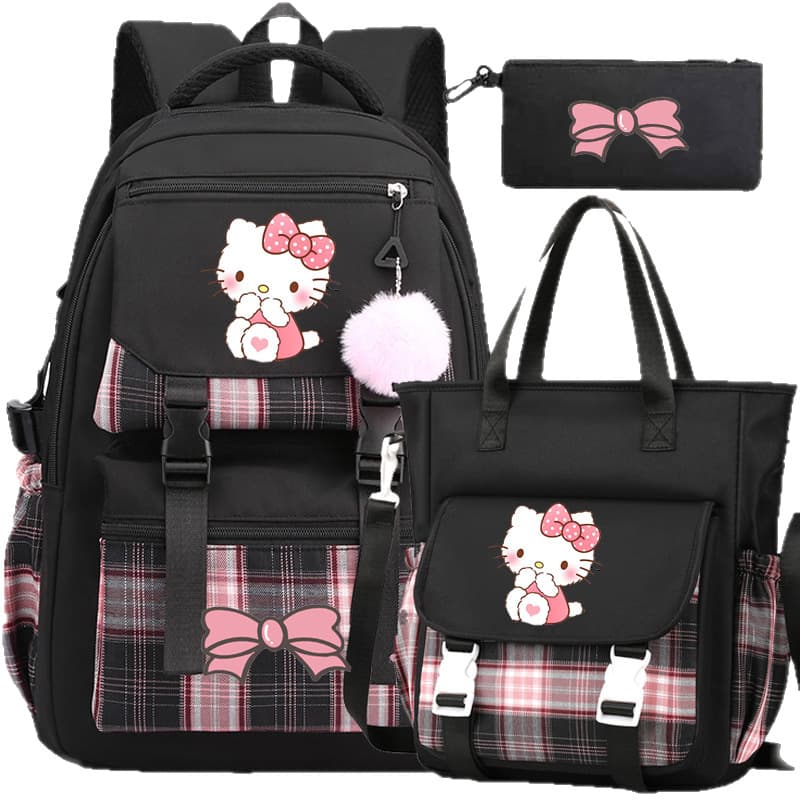 Hello Kitty Backpack for Girls Students Middle High School Bookbag Tutoring Bag Pencil Case 3-Piece Set