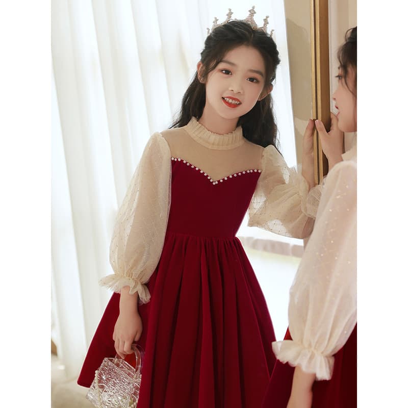 Children's Evening Dress New Summer Long-Sleeved Elegant Flower Girl Catwalk Princess Dress Performance Dress Girls Birthday Party Dress