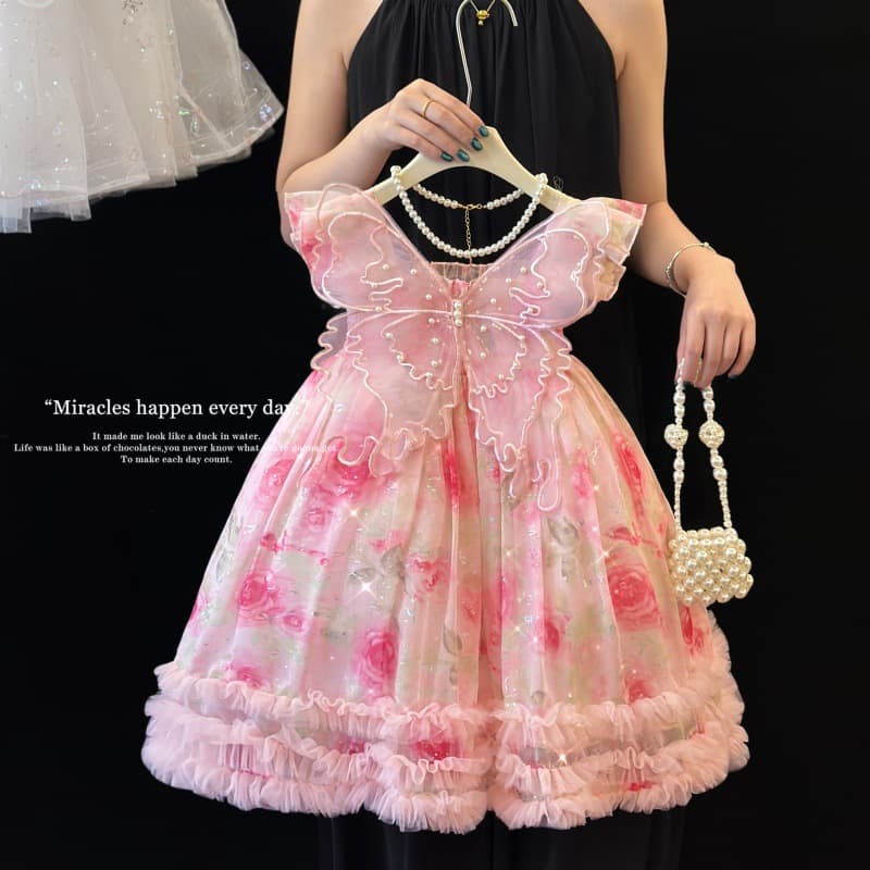 Girls' Princess Wing Dress Summer 2026 New Children's Birthday Party Dress Fashionable Pink Dress