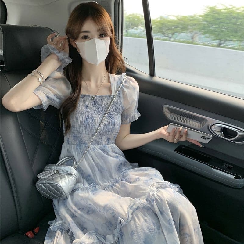 French Tea Break Puff Sleeve Floral Dress Women's Summer Sweet Temperament High-Quality Waist Slim Long Dress