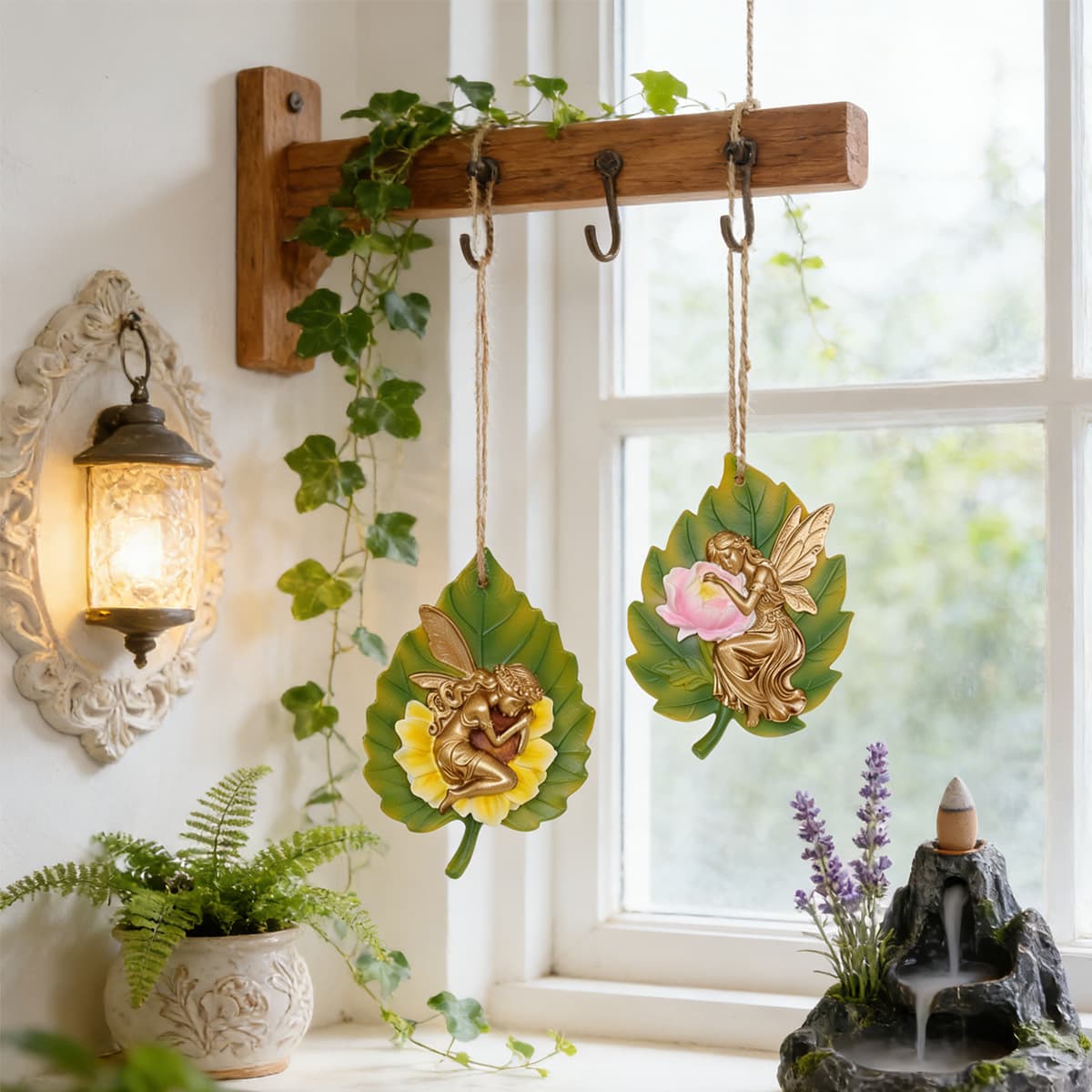 Cross-border new product colorful leaf fairy pendant set 2 outdoor balcony home green plant bonsai resin craft pendant