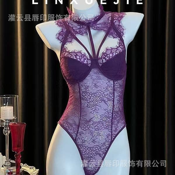 Sexy Lace Hollow-out Bodysuit with Straps, Pure Desire Slim Fit, No-removal See-through Bodysuit Set