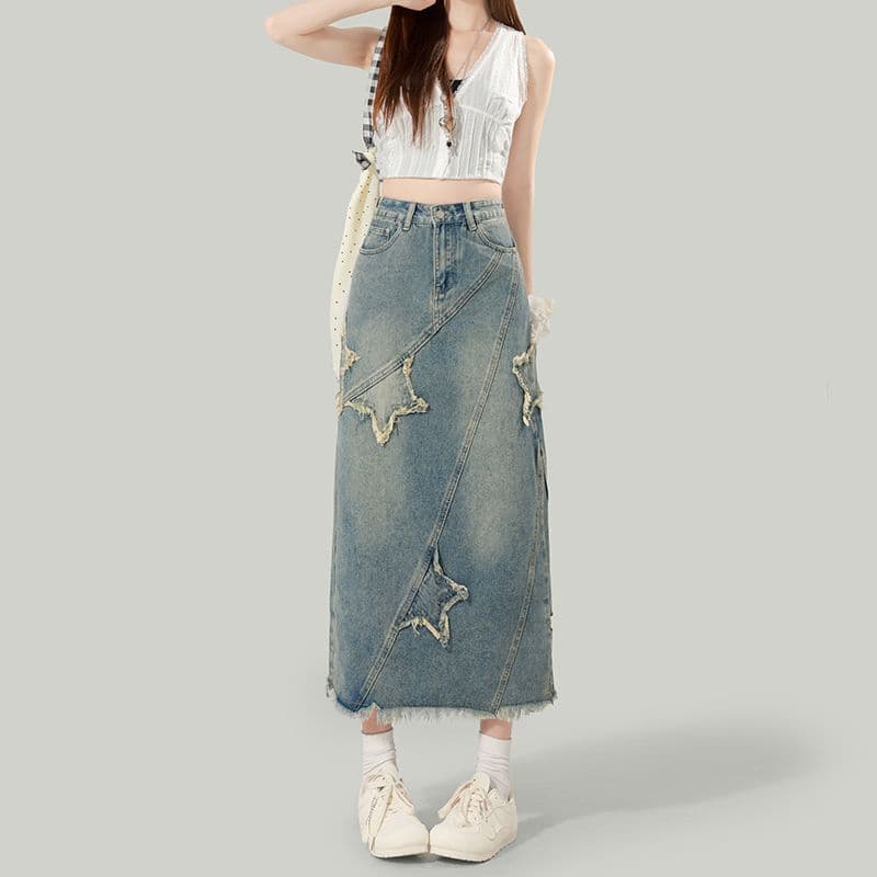 Retro High-Waist A-Line Denim Skirt for Women 2025 New Summer Star Embroidery Irregular Midi Skirt for Petite