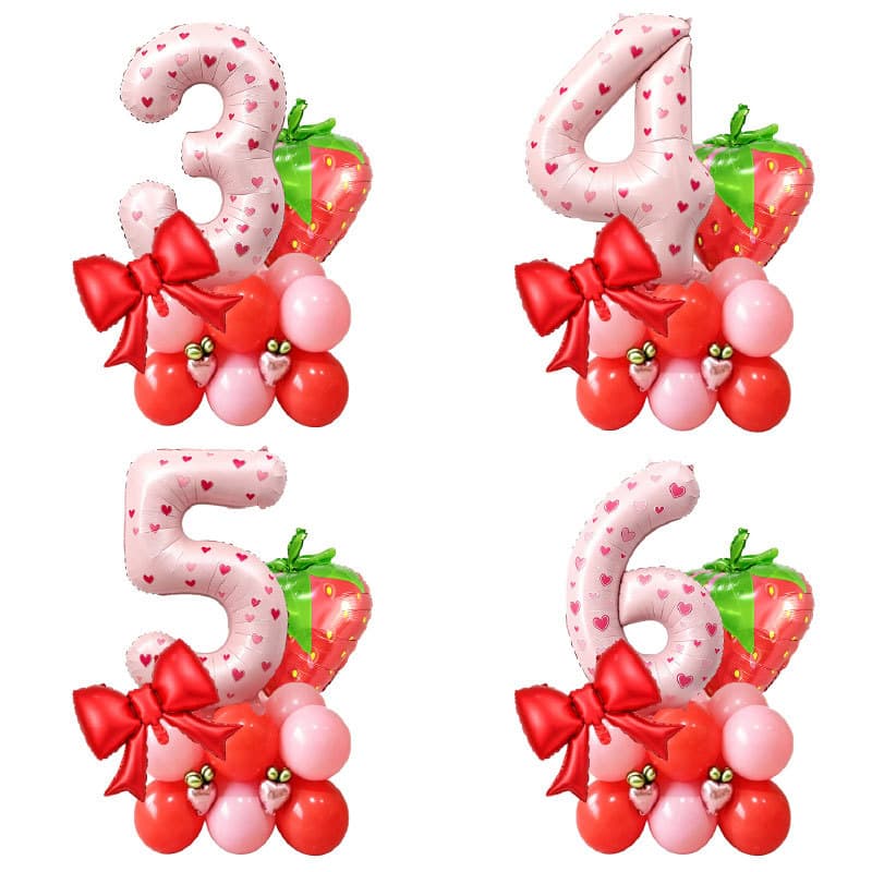 Strawberry Balloon Set for Party Birthday Scene Decoration, Trendy Bow Aluminum Film Balloon Decor